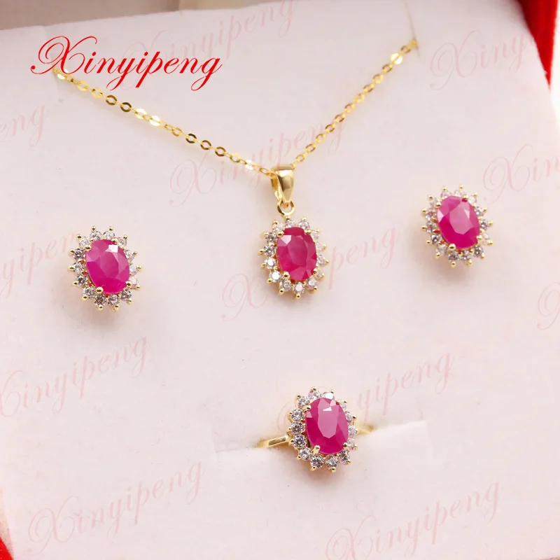 

Xin yi peng 18 k yellow gold inlaid natural ruby ring earrings necklace jewelry set, woman, engagement wedding gift
