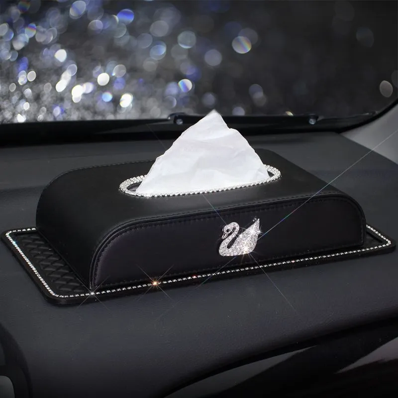 

Black Leather Car Tissue Box Holder Bling Bling Crystal Multi-use Paper Towel Cover Case Pumping Paper Case Dispenser Car Decor