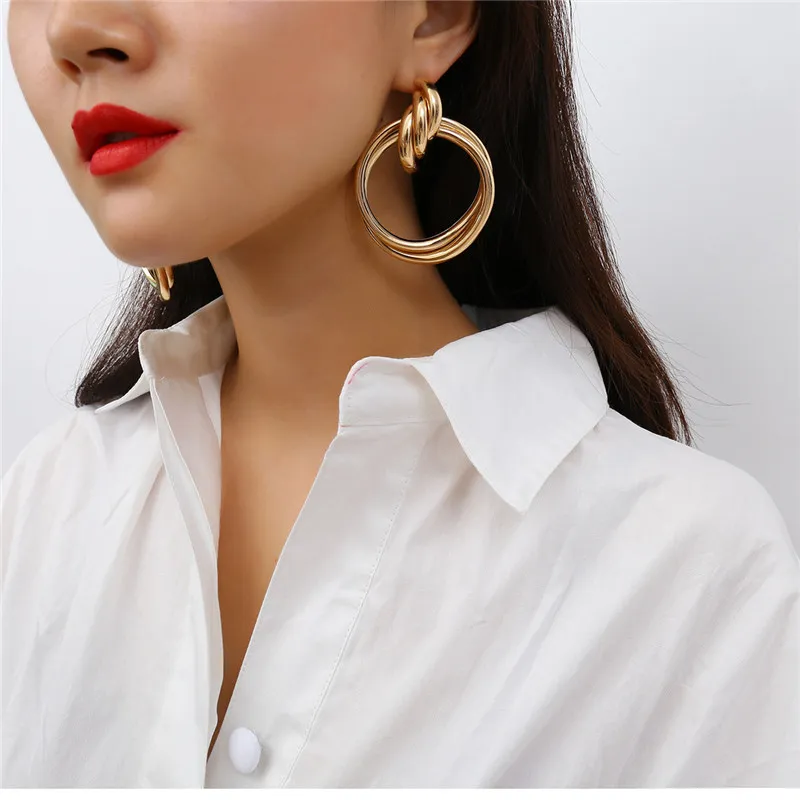 

Vintage Gold Chunky Earrings For Women Thick Tube Circle Round Earring Twist Silver Big Earring Statement Rock Jewelry 2019