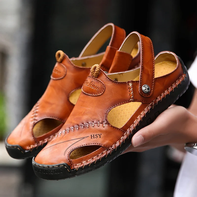 

Hot Sale Mens Sandals Summer Leather Outdoor Beach Sandals Flat Comfortable Fashion Breathable Rubber Shoes 2019 Large Sizes