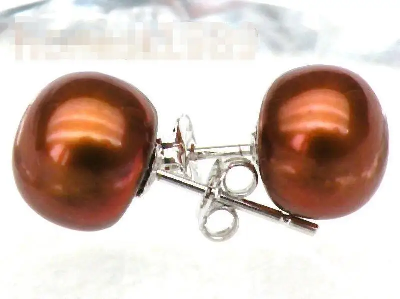 

Free Shipping >>>>PRETTY! 9mm cabochon bread coffee chocolate pearl earring 14k solid white gold