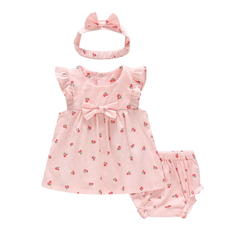 Vlinder/платье для маленьких девочек Одежда для маленьких девочек Хлопковое милое платье, картина с фруктами, комплект для новорожденных, платья с короткими рукавами для младенцев комплект из 3 предметов - Цвет: Pink
