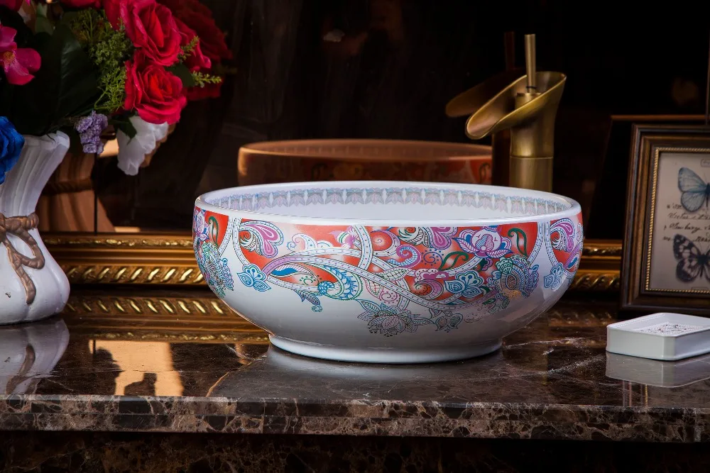 China Artistic Handmade porcelain Round bathroom counter top ceramic Bathroom basin sink chinese wash basin bathroom sinks (2)