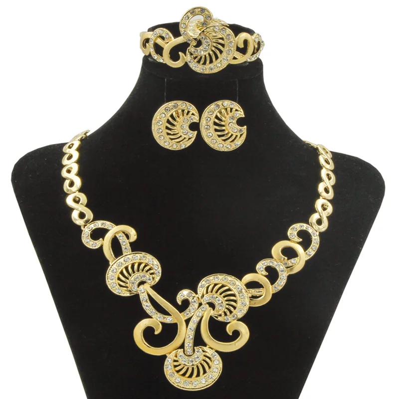 

Liffly Africa New Fashion Creative Gold Jewelry Set Luxury Crystal Flower Necklace Earrings Jewelry Dubai Elegant Bride Jewelry