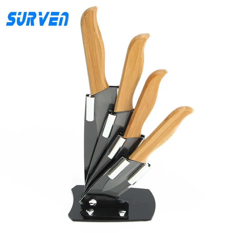SURVEN 4pcs Zirconia Ceramic Knife Set 3 4 5 6 inch White Blade Bamboo Handle Fruit