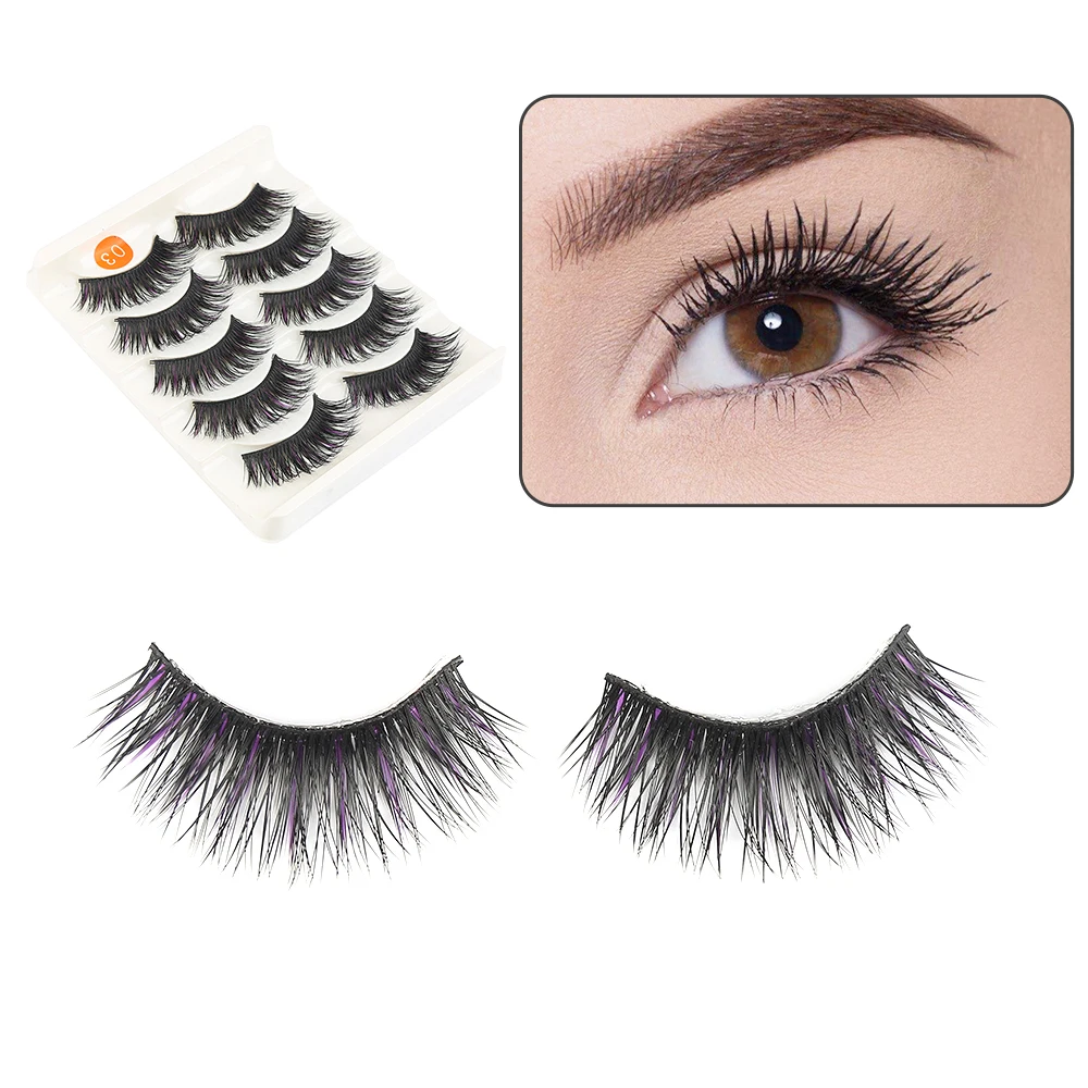 

ELECOOL 5 Pairs Black+Purple Charming Fake Eyelashes Thick Eye Lashes Extension Party Makeup Cross Fake Makeup False Eyelashes