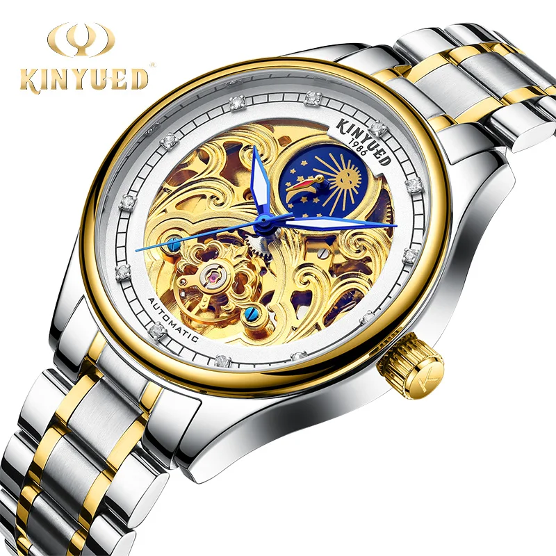 

KINYUED Hollow Man 2019 Tourbillon Automatic Self-Wind Mechanical Wristwatch Moon Phase Diamond Gold relogio masculino