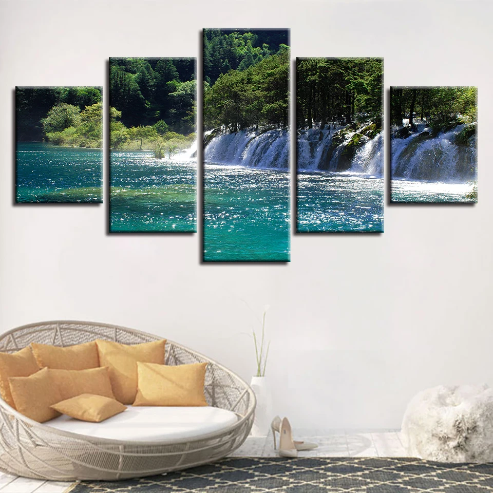 

Home Decor Living Room Painting 5 Pieces Waterfall Forest Lake Landscape Poster Modular Canvas HD Prints Pictures Wall Art Frame