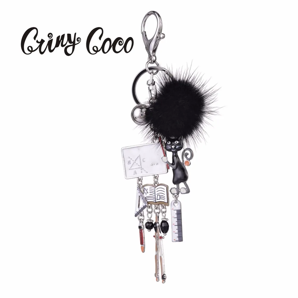 

Lovely Cat Keyring Black Pompom Key Chains for Women Enamel Teaching Tools Alloy Keychains Men Christmas Gift Car Pendant 2019