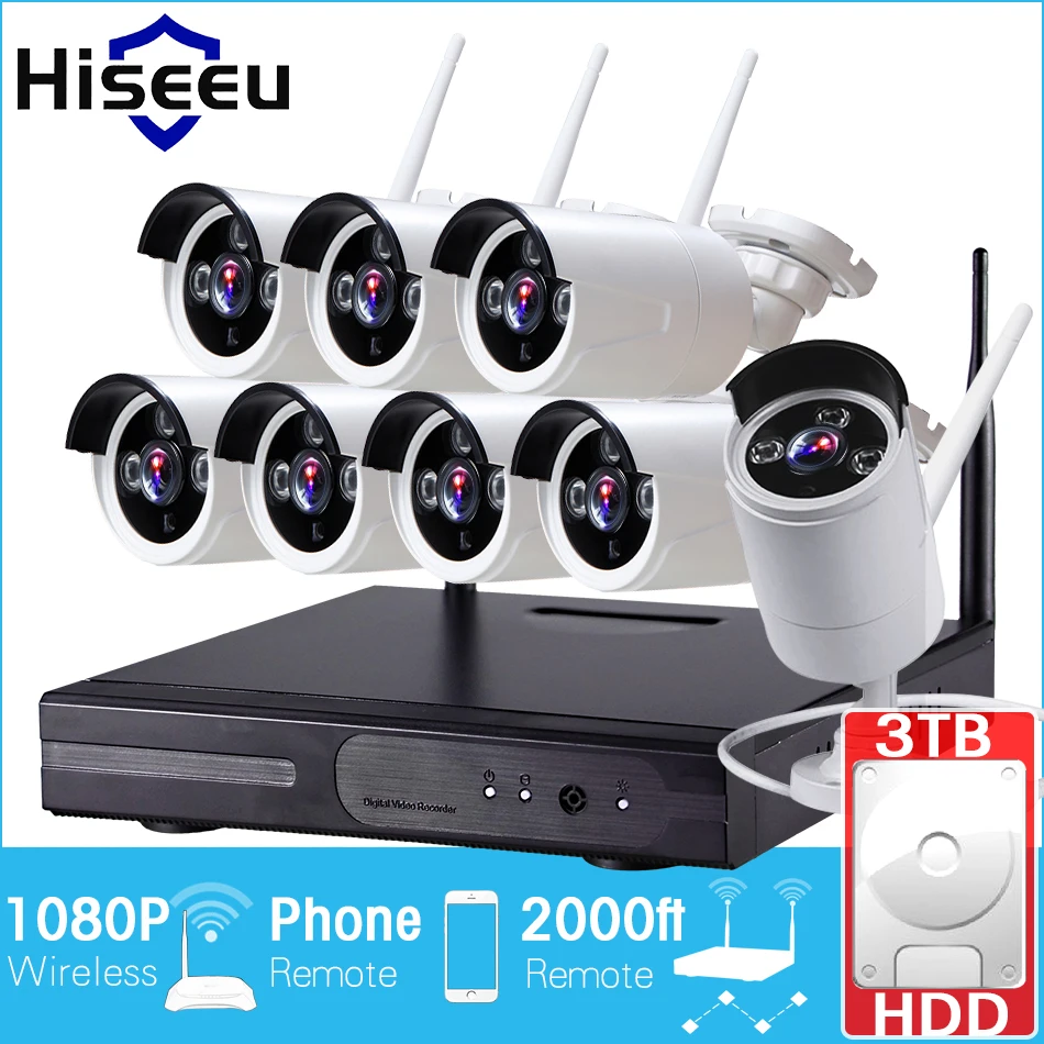  2MP CCTV System 1080P 8ch HD Wireless NVR kit 3TB HDD Outdoor IR Night Vision IP Wifi Camera Security System Surveillance Hiseeu 