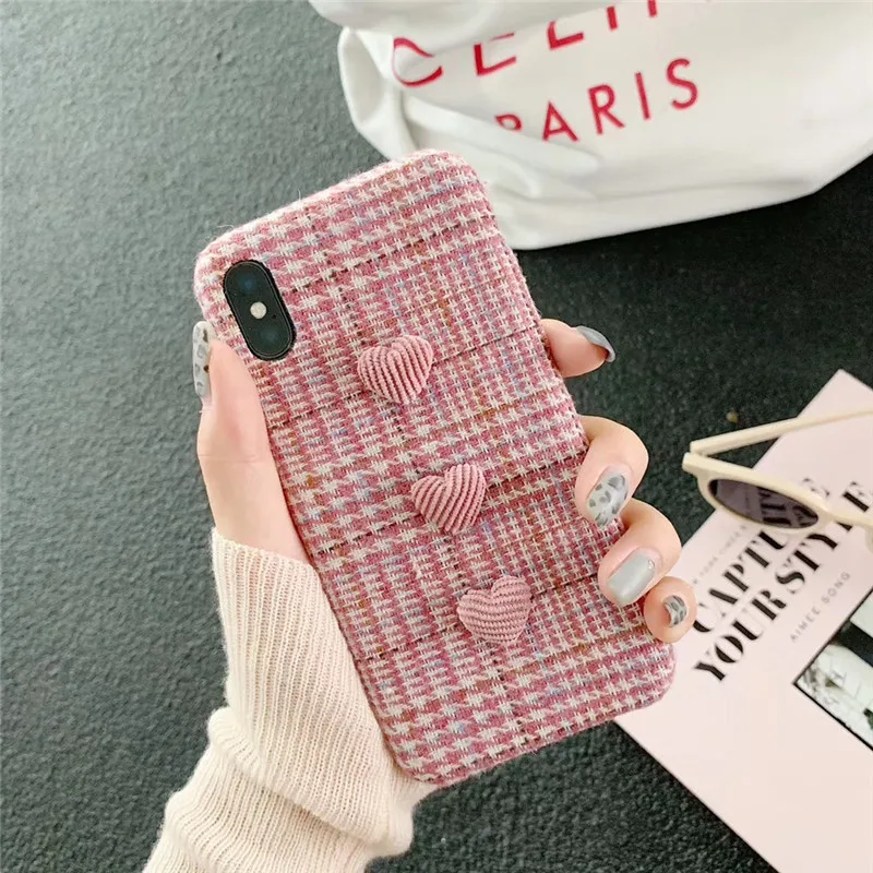 

Retro Lattice Fabric Cover for Iphone Xs Max Case 3D Love Heart Protective Coque Capa for Iphone 6 6S 8 7 Plus Case Fundas Cover