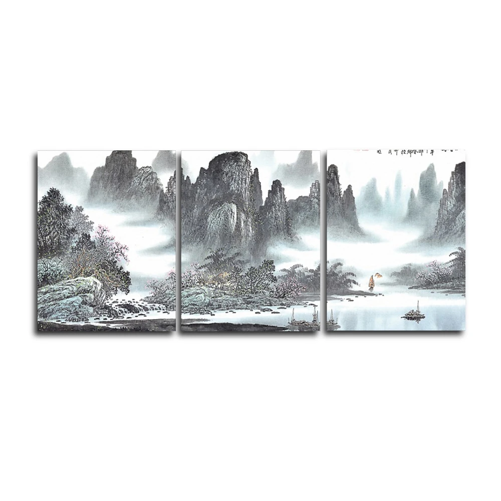 

Laeacco Canvas Calligraphy Painting 3 Panel Landscape Mountain Wall Pictures Living Room Posters and Prints Home Decoration