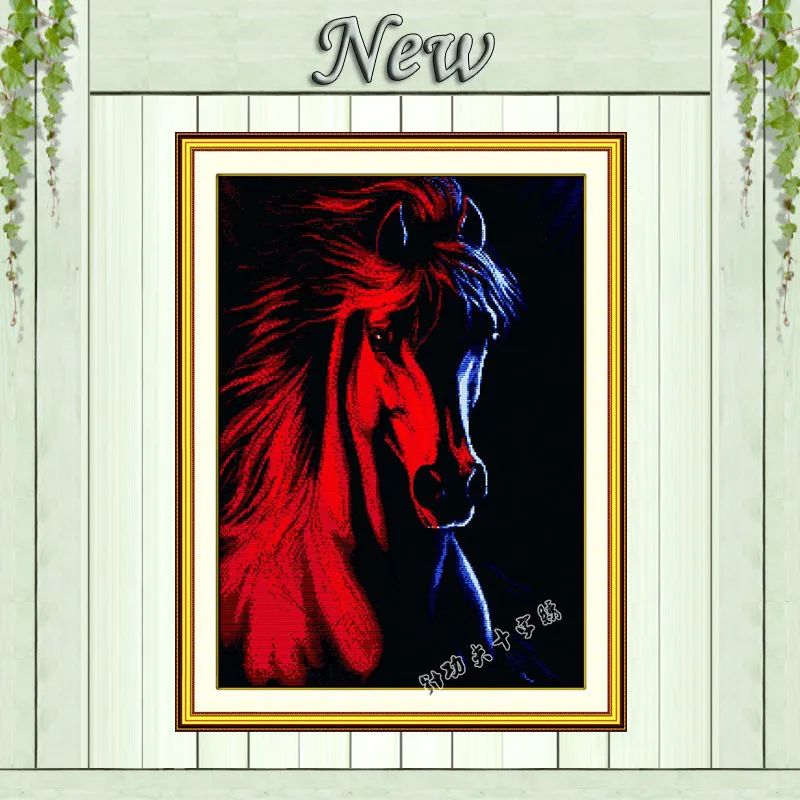 Красочная картина с лошадью, животные, черная ткань, без принта, Счетный на холсте, DMC, 11CT, 14CT, наборы для вышивки крестиком, Набор для вышивания, рукоделия - Цвет: red horse