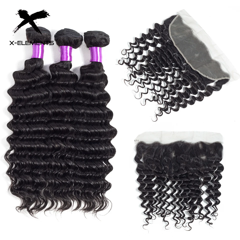 X-Elements Malaysian Deep Wave Hair with Frontal Non Remy Hair Weave with Lace Frontal 100% Human Hair Bundles with 13x4 Frontal (1)