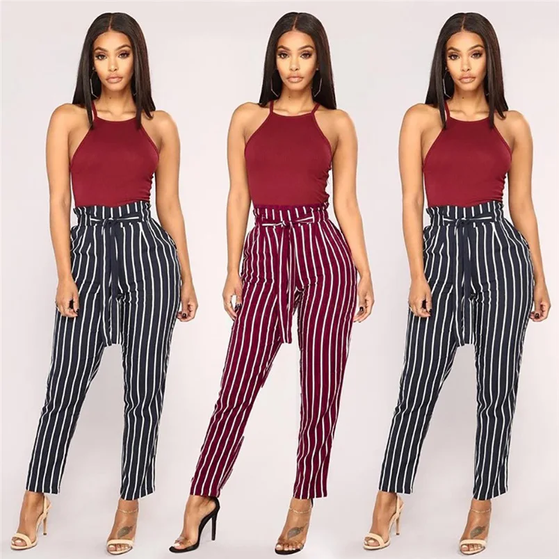 Women Pants 2018 Summer New High Waist Harem Pants Ladies Elegant Bowtie Elastic Waist Fashion Striped Casual Long Pants #J22 (29)