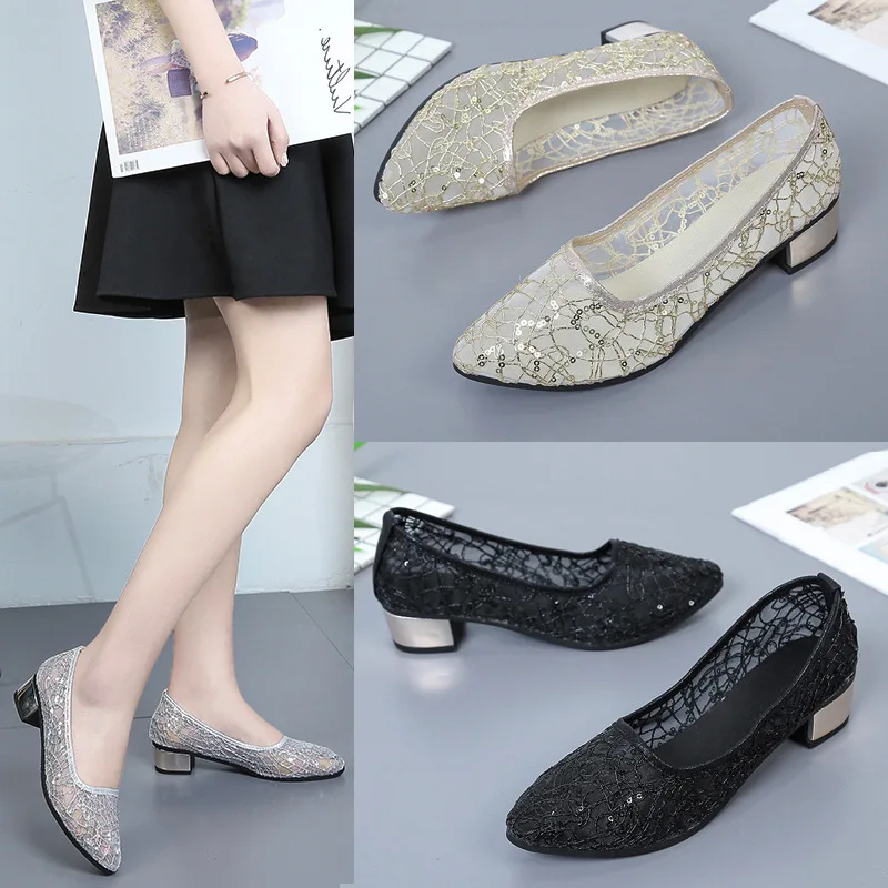 

2018 Summer New Fashion Women Sandals Lace Mesh Breathable Lady Sandal Comfortable Thick Heel 3.5cm Pointed Toe OL Working Shoes