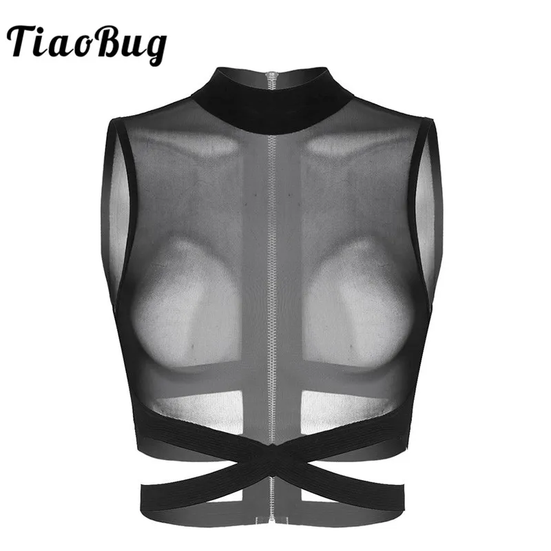 

TiaoBug Summer Women Black Sleeveless Sheer Mesh See-through Harness Back Tank Top Elastic Straps Top Club Party Crop Top Shirts