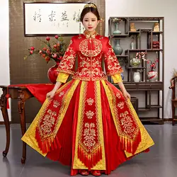 Красный невесты cheongsam Винтаж китайский стиль свадебное вечернее платье костюмы Вышивка Феникс костюм Ципао Vestidos размеры S-XXL