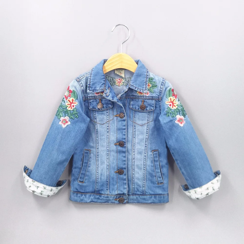 

4-5T Spring Girls Outerwear & Coats Embroidery Cockdail Flowers Jeans Jacket Kids Coat Baby Girls Clothing Children Clothes