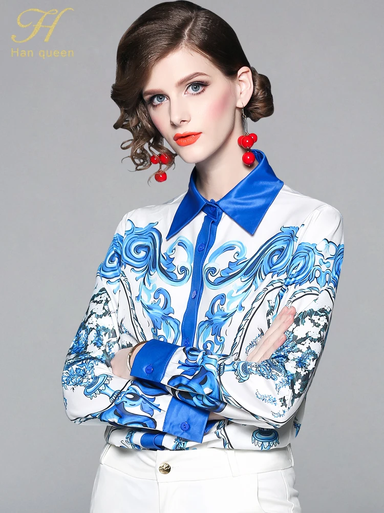 

H Han Queen New 2019 Spring Women Chiffon Blouses Blue Geometry Printing Novelty Office Ladies Shirts Work Wear Femme Tops 2XL