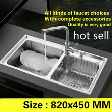 Горячая стандартная кухонная раковина 1 мм толщиной пищевой 304 нержавеющая сталь большой двойной паз 820x450 мм