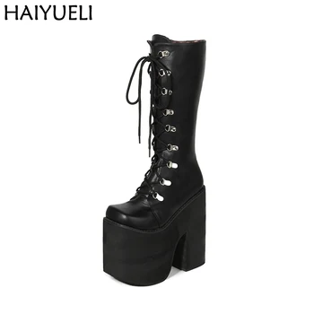 comprar 16cm Motocicleta Calcanhar Botas Na Altura Do Joelho Preto Botas De Cano Alto Botas Moda Goth Do Punk Cosplay Cunhas Da Plataforma De Salto Alto Botas Mulheres Sapatos