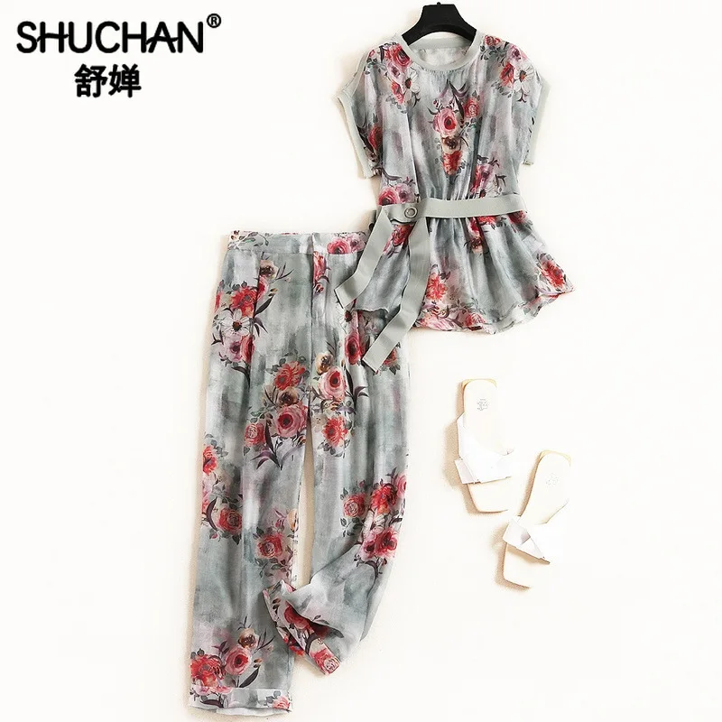 

Shuchan 2 Piece Outfits for Women Print Female Costume Office Lady Top + Calf-Length Pants Two Piece Set Top and Pants 11986