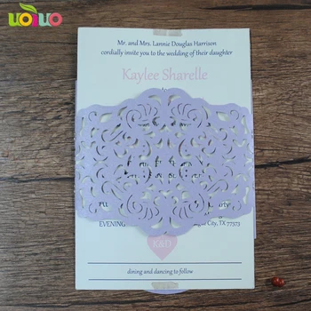 

Hot sell light purple paper wedding cards new invitation card belly band design with personalization sample