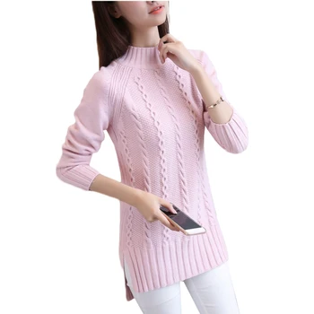 

2018 Autumn Winter Medium Long Women Sweater Warm Pullover Jumper Knitted Half Turtleneck Female Sweater AA371