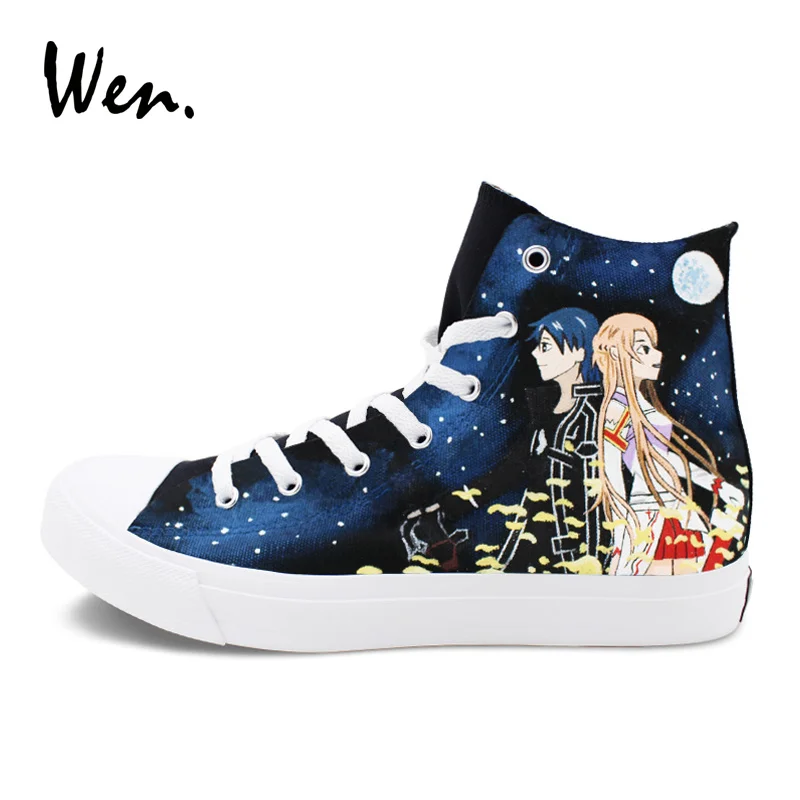 

Wen Hand Painted Canvas Shoes Men Women's Sneakers Anime Sword Art Online Graffiti Skateboarding Shoes High Top Flat