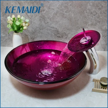 

KEMAIDI Bathroom Washbasin Unique Tempered Glass Basin Sink Faucet Set Counter top Washroom Vessel Vanity Sink Bathroom Mixer