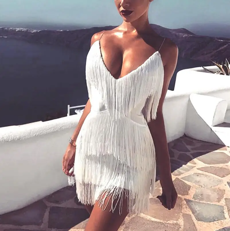 Black Solid Sleeveless Tassel Slim Women Dress 2019 Deep V Neck Tiered Fringe Summer Sexy Bodycon Party | Женская одежда
