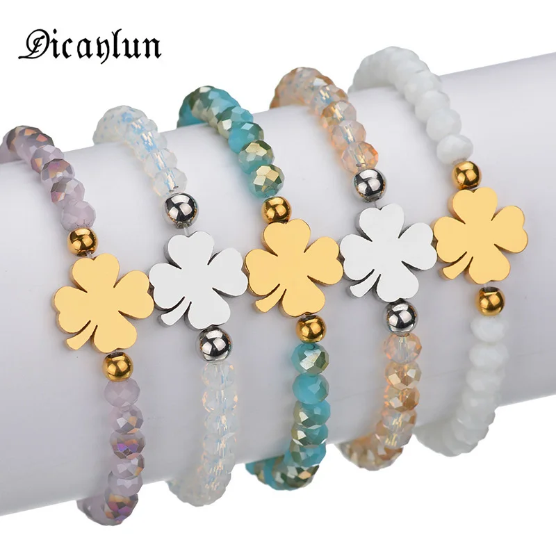 

DICAYLUN Stainless Steel clover bracelet for women accessories elastic strand bracelets Silver gold charm lucky female Gifts
