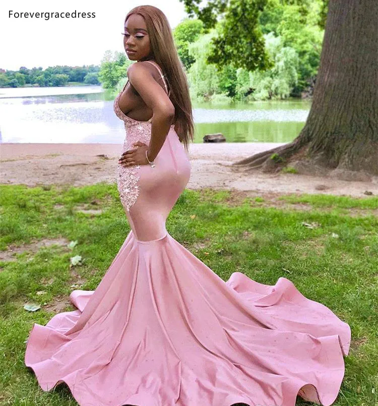 2019 New Sexy Black Girls Pink Prom Dresses Mermaid Spaghetti Straps Backless Long For Party Evening Gowns With Beads Appliques BC0979  139 (5)
