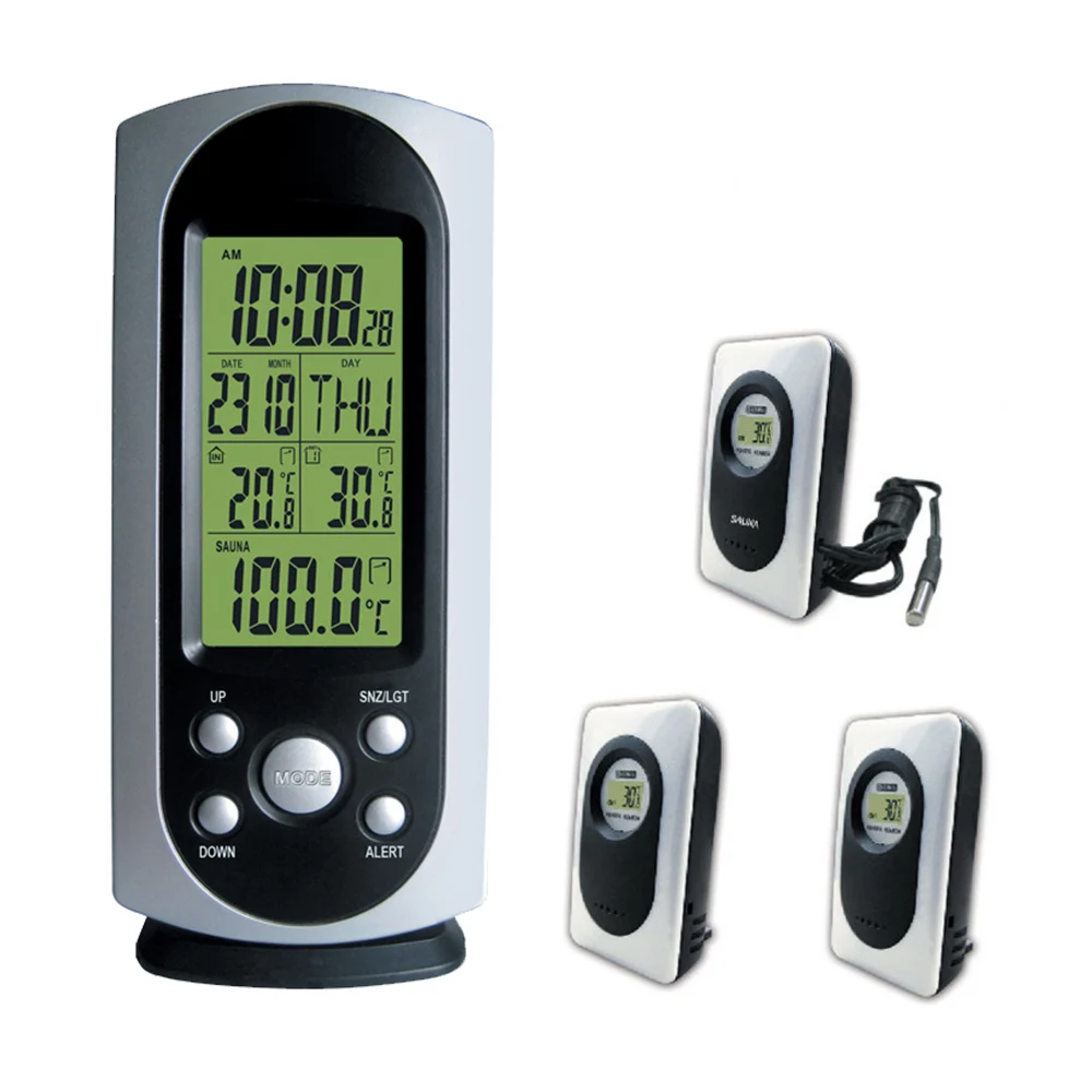 

2019 DYKIE Wireless Weather Station Digital LCD Alarm Clock Indoor Outdoor Temperature Alert Backlight Sauna Thermometers