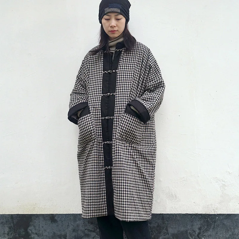 SCUWLINEN зимняя куртка для женщин Классическая мода плед размера плюс свободные ватные пальто Повседневная Длинная парка для мужчин M18307 - Цвет: Black-white Plaid