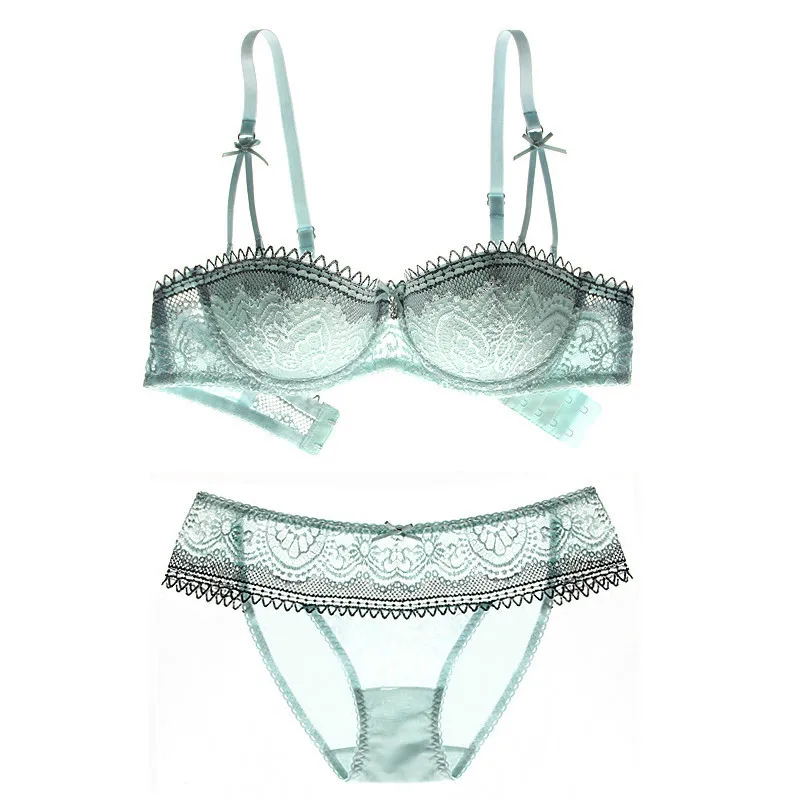 Meilleur Ultra mince Moitié soutien gorge à bonnet grande taille D Tasse Dentelle Transparent Bras Set Sexy Vert Sous Vêtements Femmes Définit Évider Soutien Gorge PL19 7