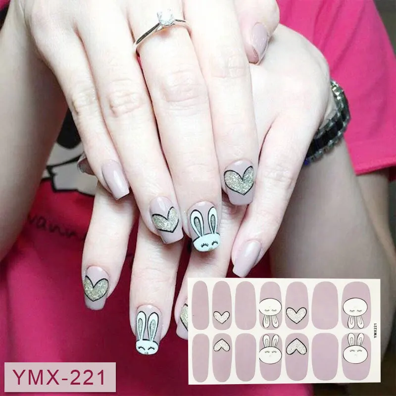 

14Tips/Sheet Fashion Nail Wrap Sticker YMX221 Cute Rabbits Animals Designs Adhesive Polish Foils 3D Stickers Art Decoration