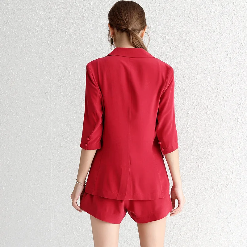Burgundy Womens Silk Suits Blazer with Shorts Summer 2019 Chic Two Piece Set Top and Pants Vogue Office Ladies High Quality Coat