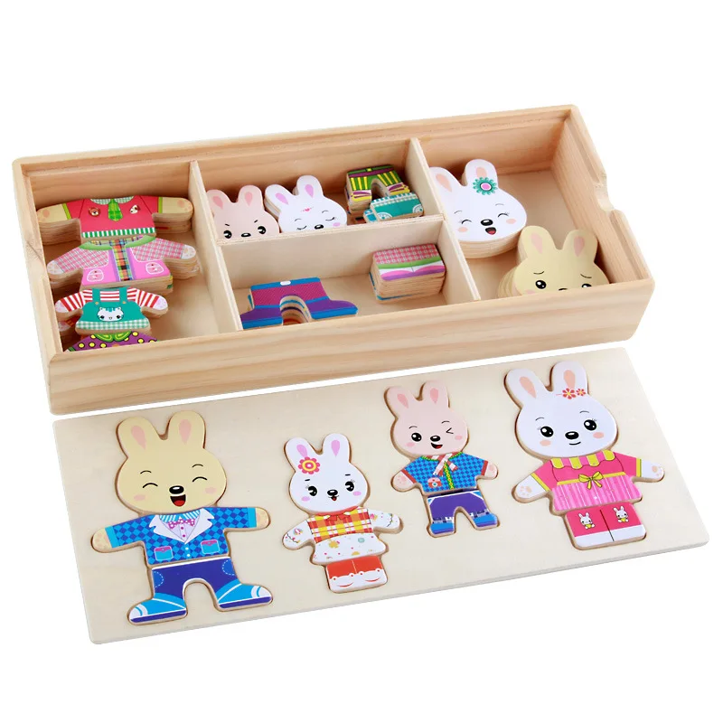 Детские игрушки кролик/медведь, семейное платье, меняющие деревянные игрушки для детей, туалетный пазл, деревянные головоломки для детей, развивающий подарок - Цвет: Rabbit