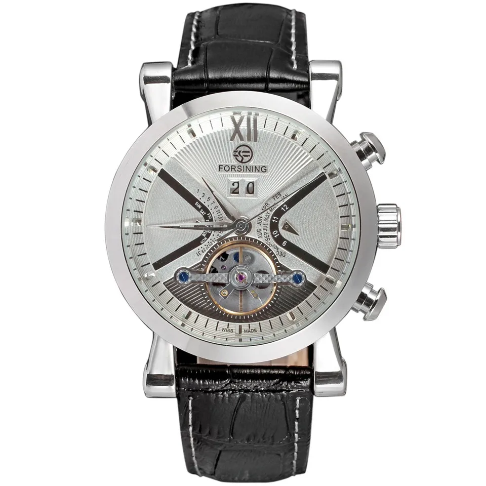 Tanie FORSINING marka męskie zegarki mechaniczny skórzany zegarek różowe złoto czarna obudowa Tourbillon Dial mężczyźni zegarki
