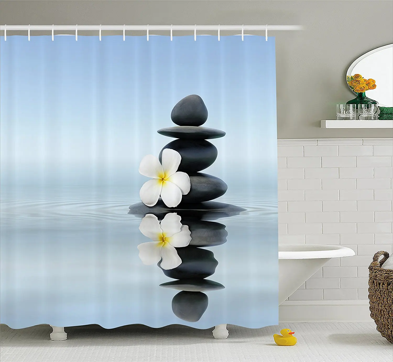Spa Shower Curtain Asian Zen Stones Plumeras Print for Bathroom 