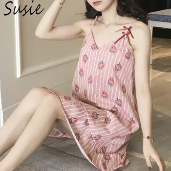 

Fresh Style Women Girl Bowknot Sling Nightgown Cute Cartoon Strawberry Watermelon Printing Sleepwear Pleated Ruffled Hem Pajamas