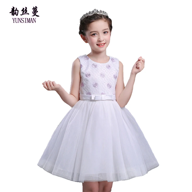 

New Baby Girls Cute Dresses Size 3 4 5 6 8 10 12 Y White Mesh Purple Flower Dress O-neck Summer Party Dress Kids Clothing 53FC4