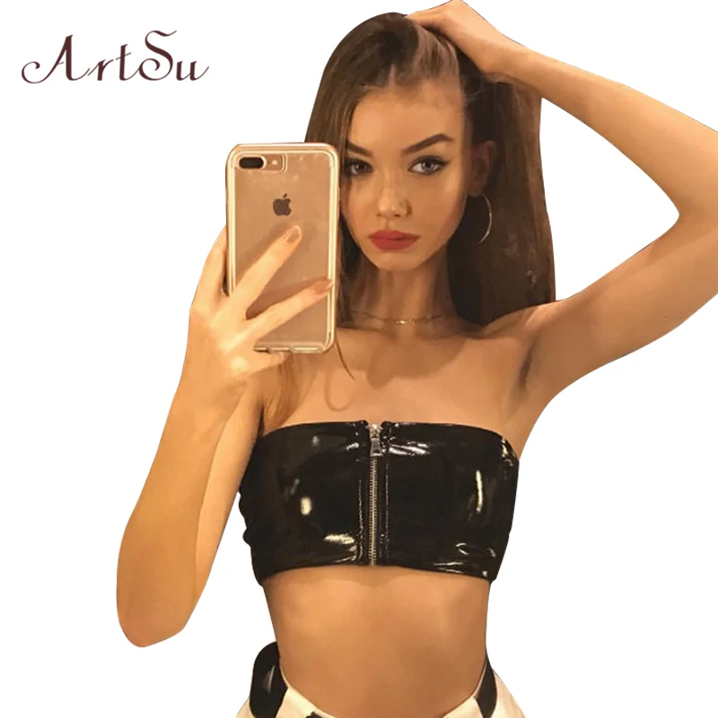 ArtSu женский короткий топ из искусственной кожи, без бретелек, с открытой спиной, на бретелях, лето, уличная одежда, укороченный топ, сексуальный, на молнии, черный, Cami ASVE30114