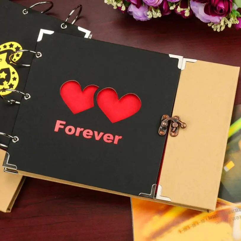 10 Inch DIY handmade Hollow Love Album 30 black sheets 3 rings photo album baby growing family record Lock albums Children Gift