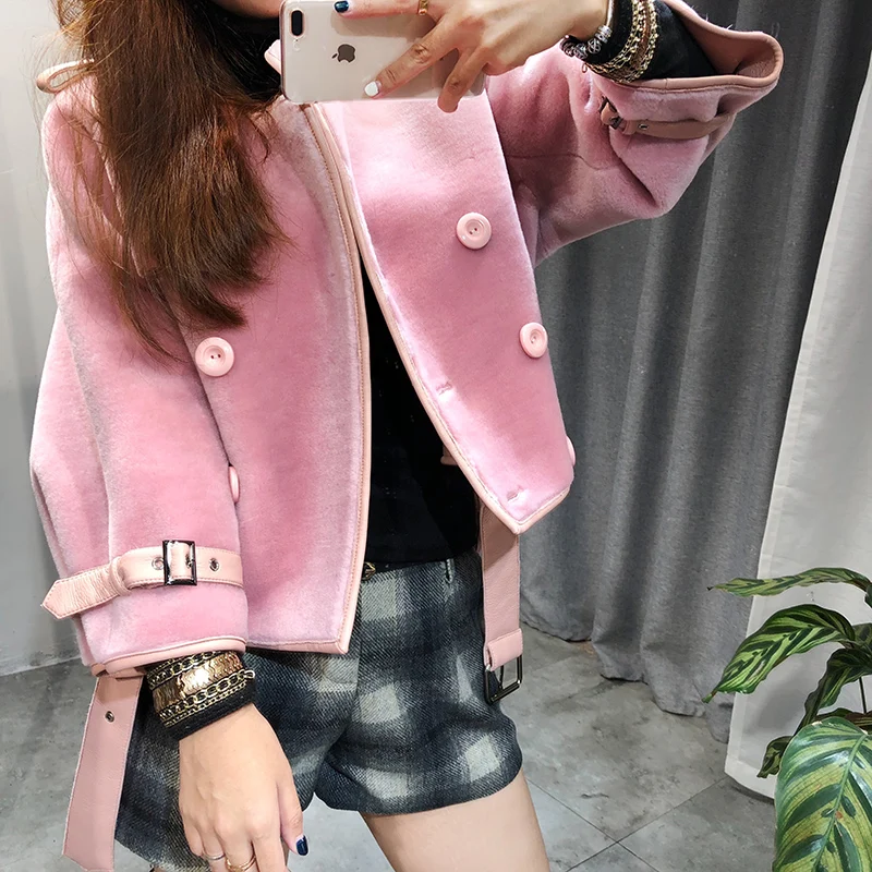 Осенне-зимняя куртка женская одежда пальто из натурального меха шерстяная куртка корейское элегантное короткое пальто из овечьей овчины подкладка из искусственной кожи ZT637 - Цвет: pink