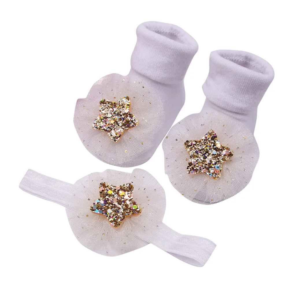 Носки для маленьких девочек+ 1 предмет, пояс для волос, Нескользящие хлопковые носки-тапочки с аппликацией для маленьких девочек, детские носки с блестками и звездами, подарок для дома - Цвет: Beige