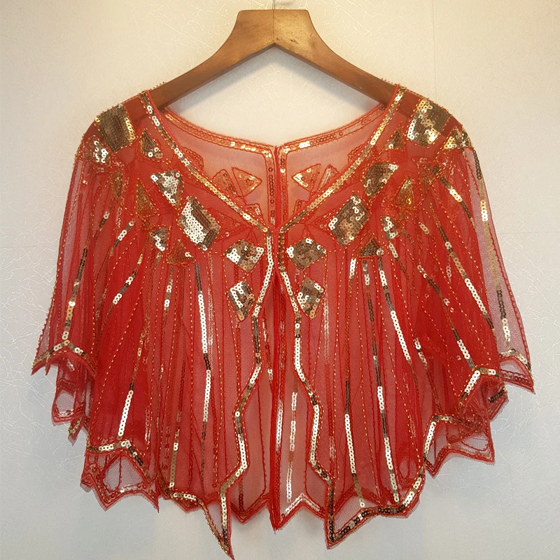 

JaneVini Luxury Red Beaded Women Evening Shawl Gold Sequined Bridal Wedding Bolero Party Cape Jacket Wraps Black Stoles Shrugs