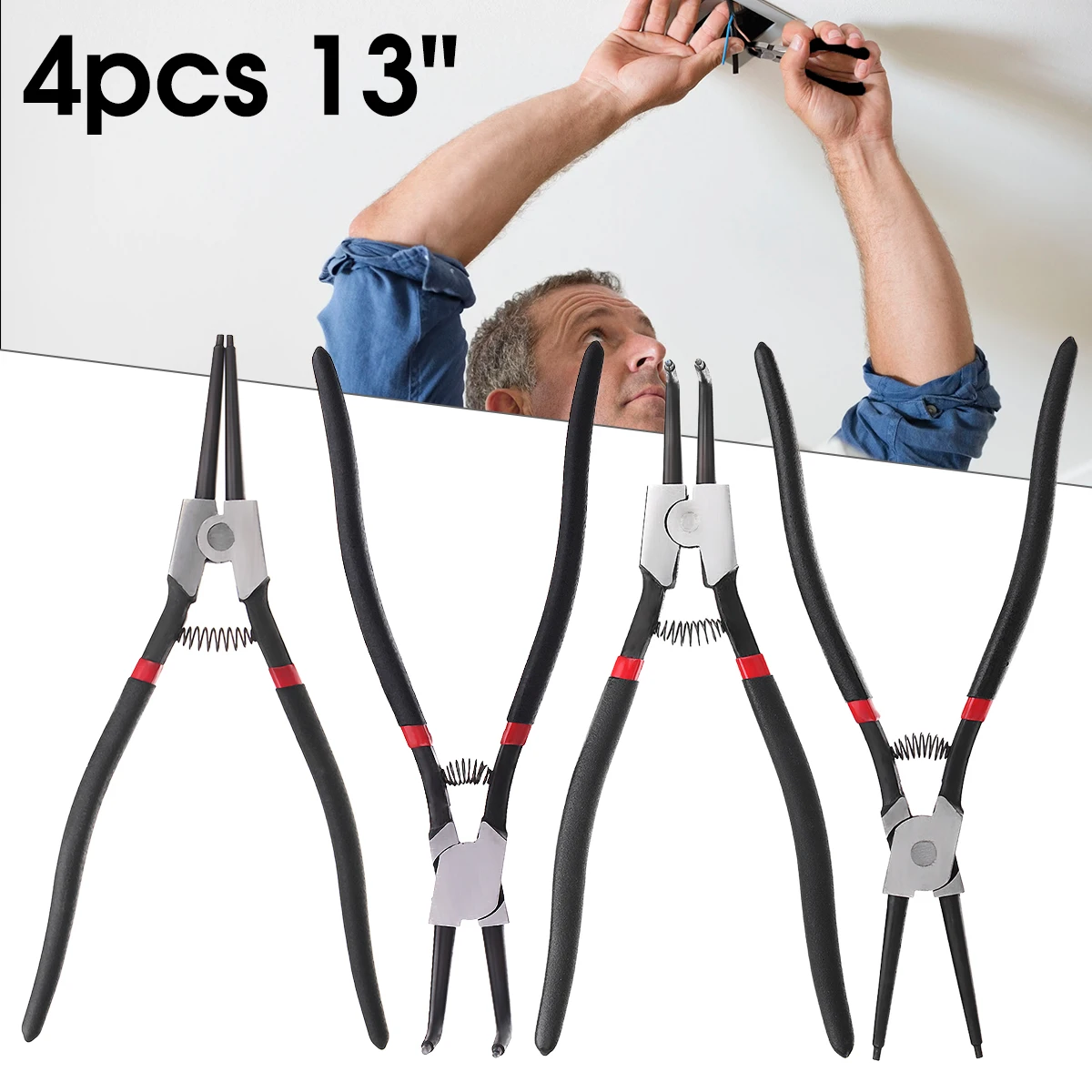 4Pcs 13inch Snap Ring Pliers Set Circlip Internal External Bent Straight Clip Two Size Hand Tool Fit For Electrician Home DIY